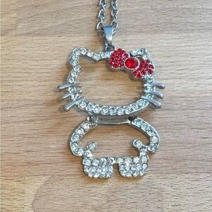 Large Rhinestone Hello Kitty Pendant Necklace with Red Rhinestone Bow